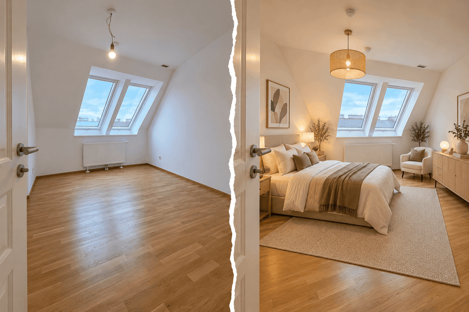 Helles Schlafzimmer mit Dachfenstern und Holzboden, vor und nach der virtuellen Einrichtung.