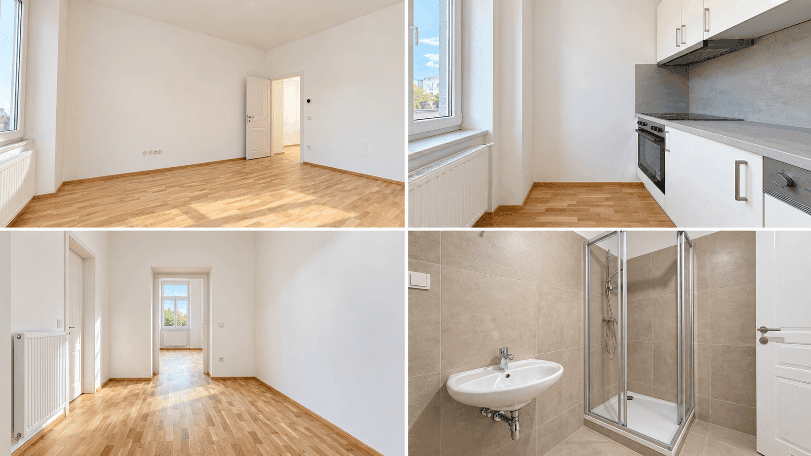 Collage verschiedener Innenräume mit Holzböden und Fenstern, bereit zur Gestaltung.
