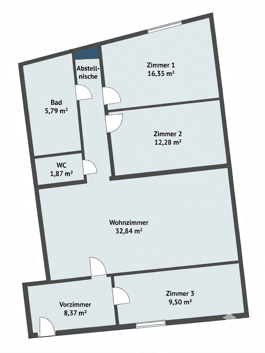 Detaillierter Grundrissplan mit Raumgrößen für Bad, WC, Wohnzimmer und drei weitere Zimmer.