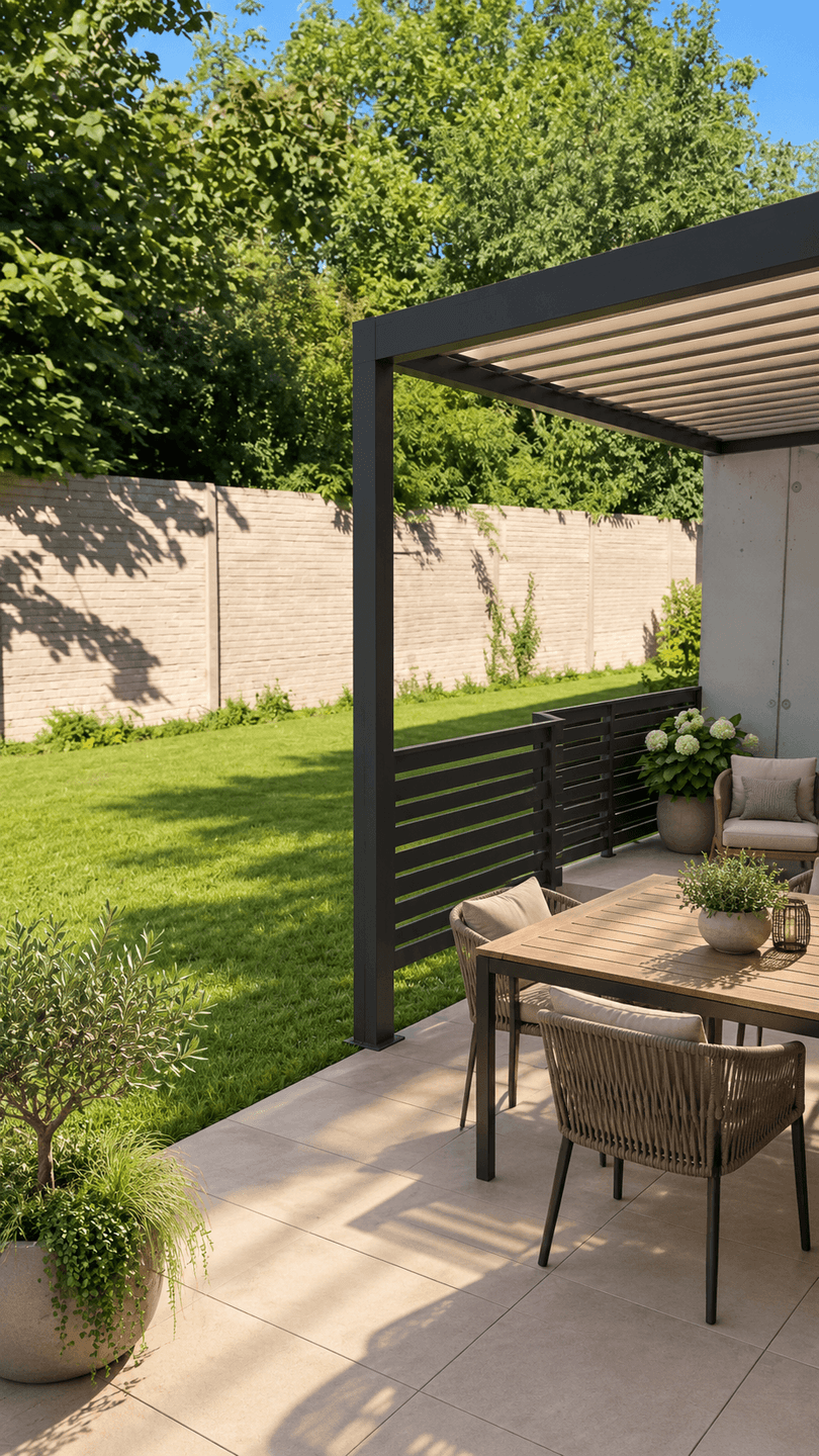 Geräumige Terrasse mit Pergola, Gartenmöbeln und Blick ins Grüne, ideal zum Entspannen.