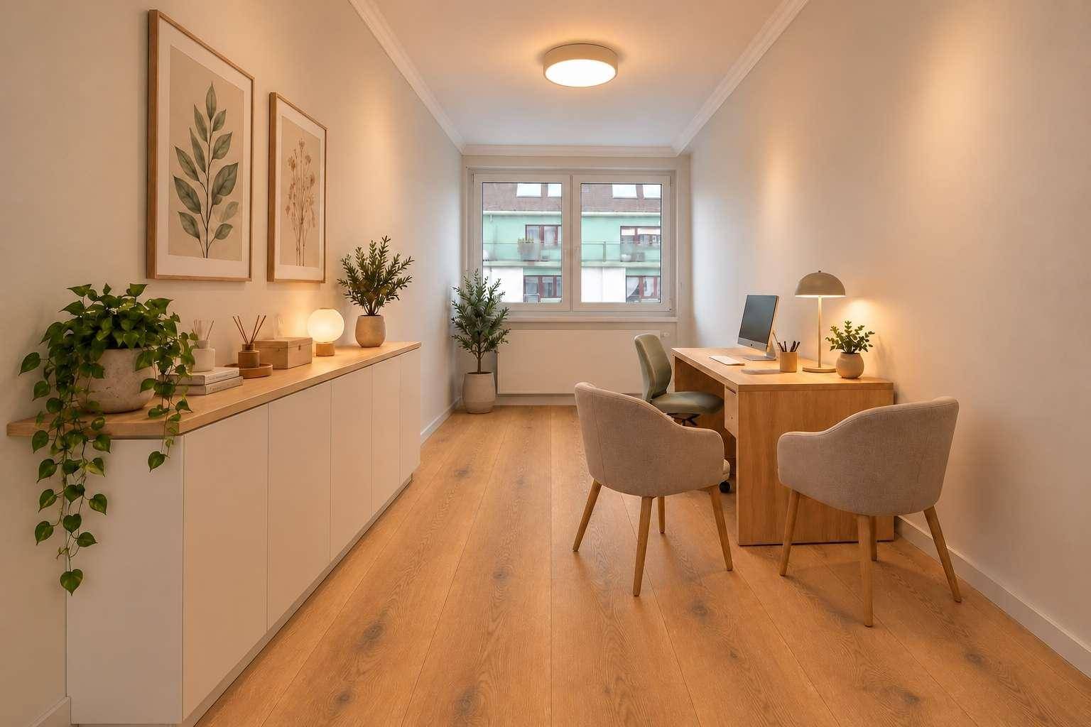 Helles Büro mit Holzboden, Schreibtisch und Pflanzen als Dekoration für eine angenehme Arbeitsumgebung.