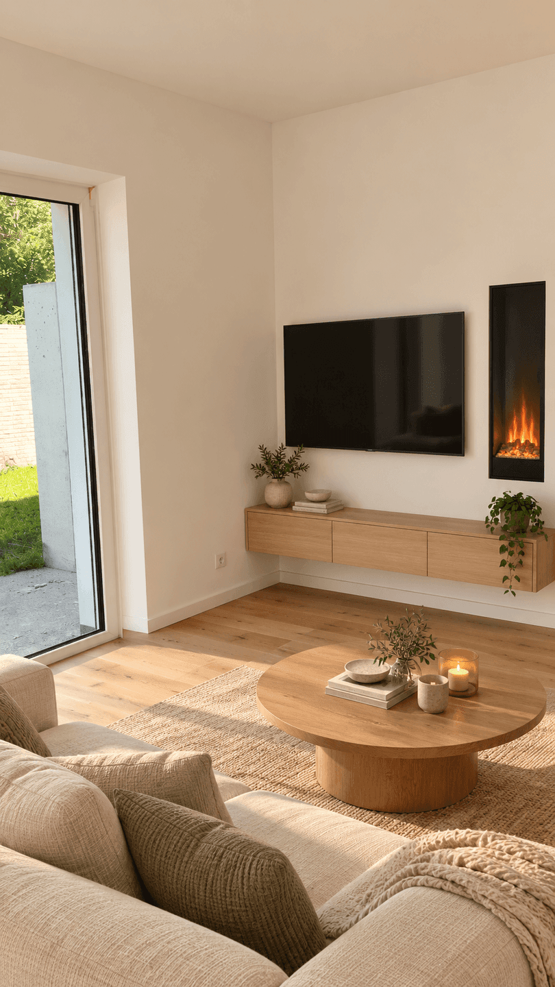 Helles Wohnzimmer mit Holzboden, gemütlichem Sofa und Zugang zum Gartenbereich.