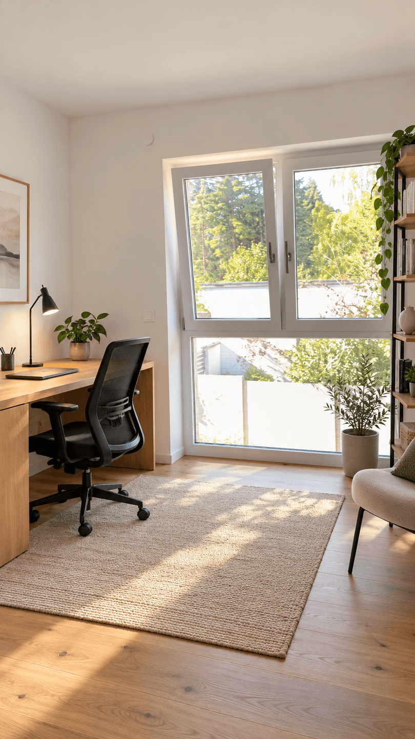 Helles Arbeitszimmer mit großem Fenster, Holzboden und Blick ins Grüne, ideal für Homeoffice.