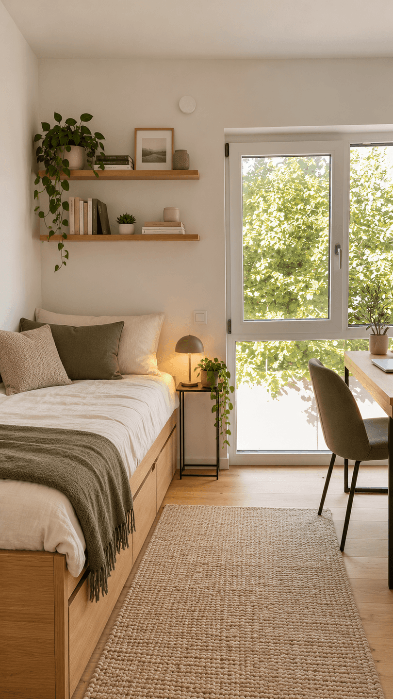 Kleines Schlafzimmer mit Einzelbett, Holzboden und Fenster zum Garten, gemütlich eingerichtet.