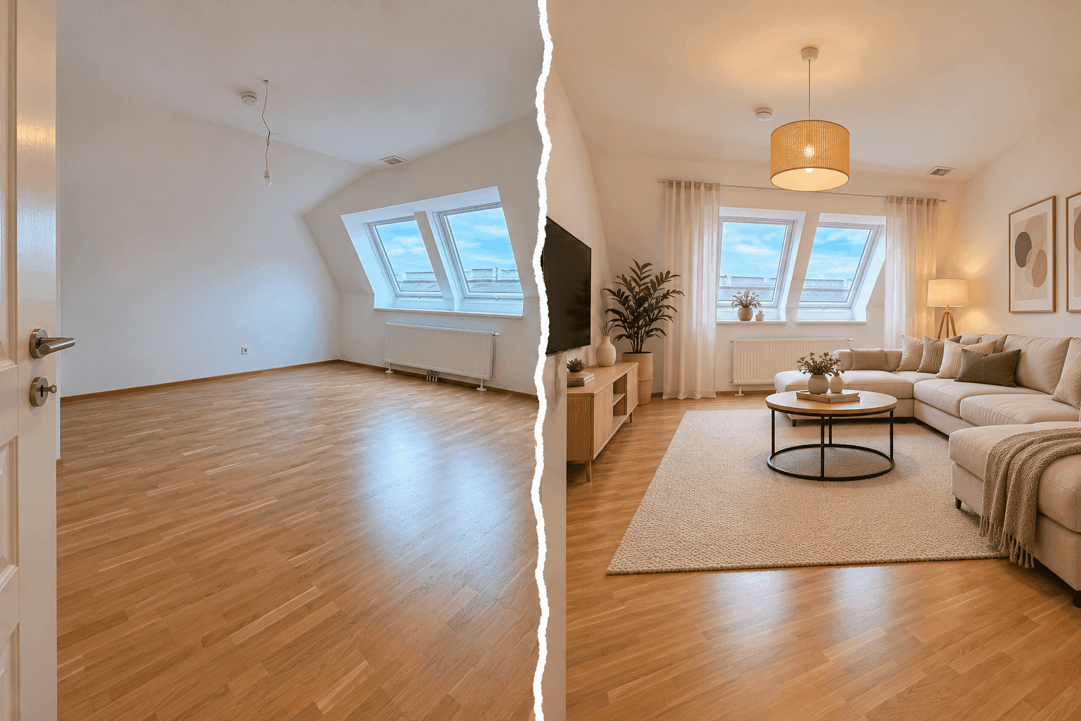 Geräumiges Wohnzimmer mit Dachfenstern und Holzboden, vor und nach der virtuellen Einrichtung.