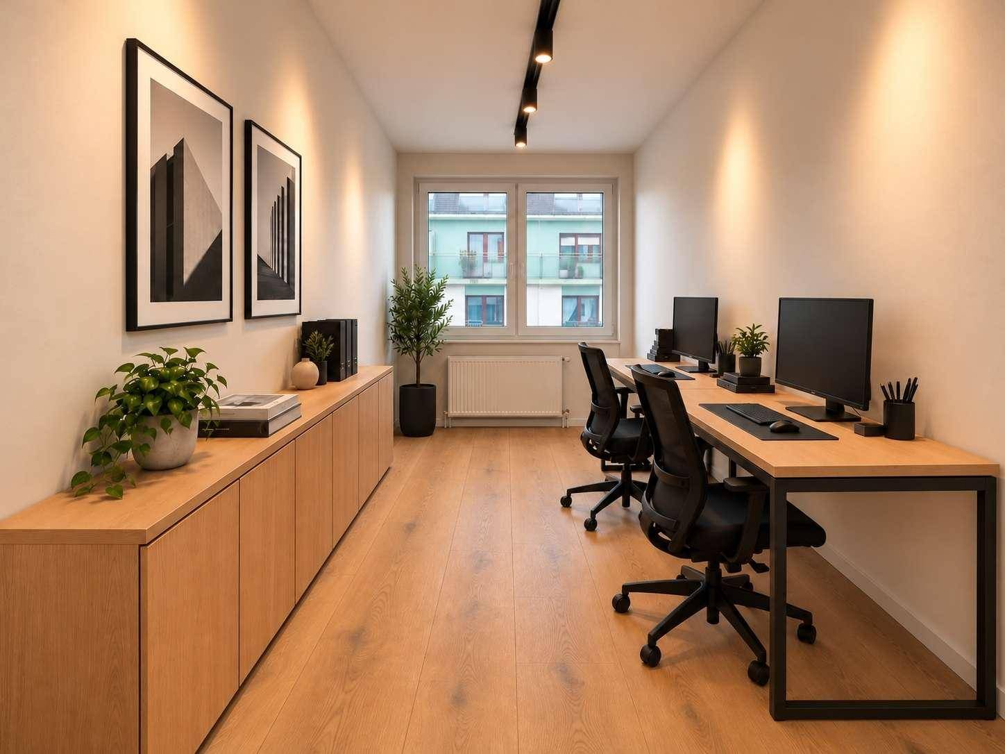 Helles Büro mit zwei Arbeitsplätzen, Holzboden und langen Schränken für ausreichend Stauraum.