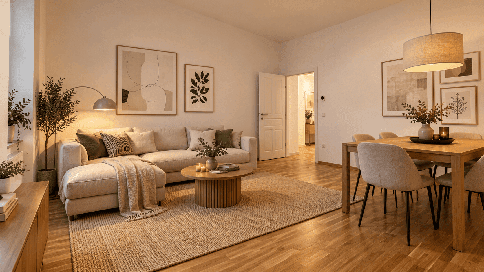 Gemütlicher Wohn-Essbereich mit beigem Sofa, Holzboden und stilvoller Dekoration.