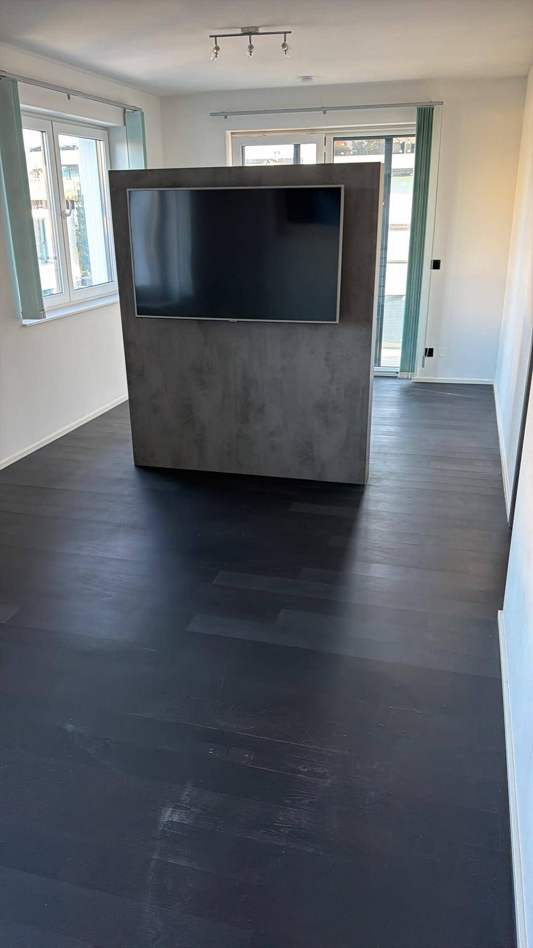 Heller Raum mit dunklem Holzboden, großen Fenstern und einem integrierten TV-Möbel.