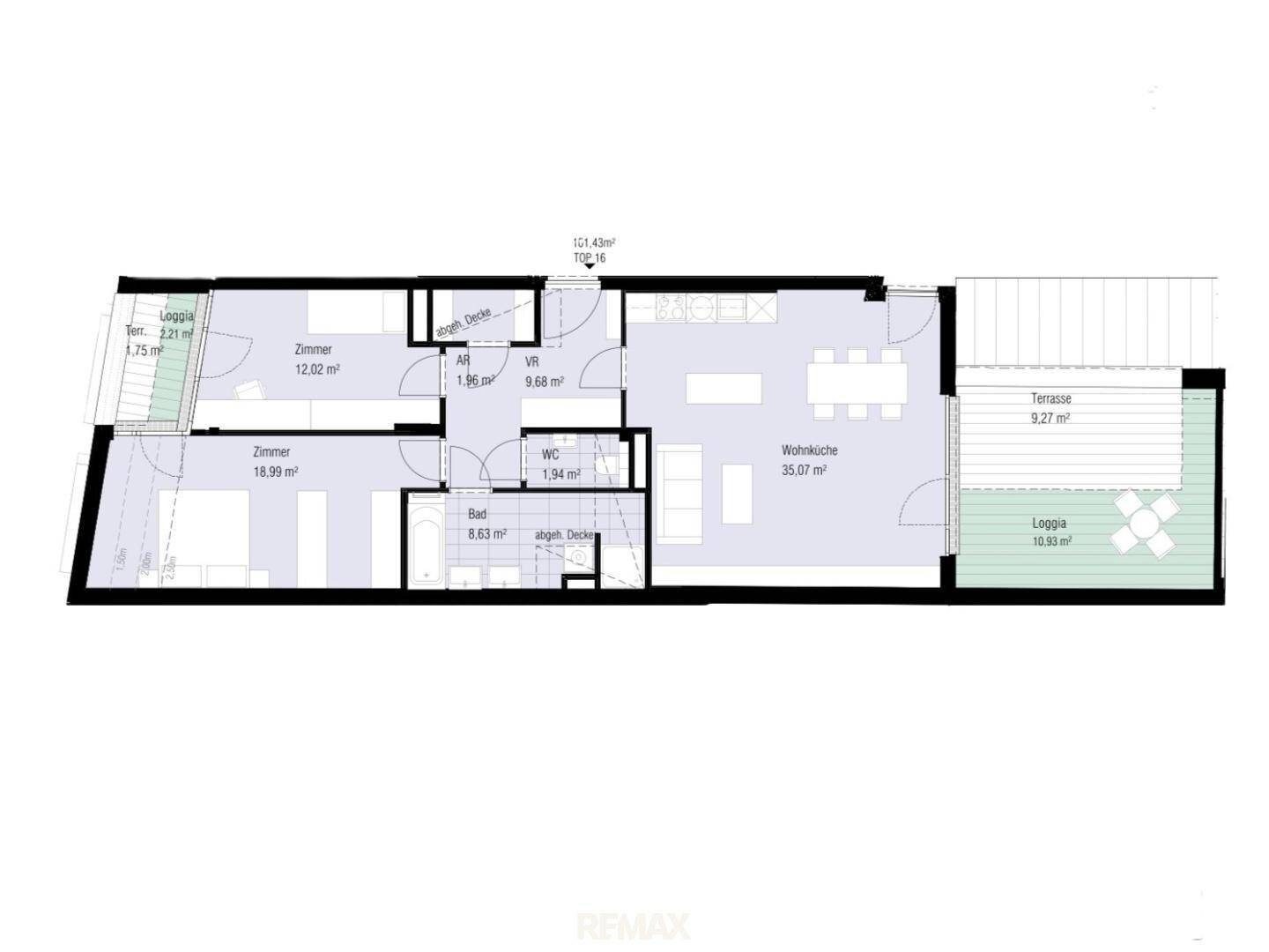 Detaillierter Grundriss einer Wohnung mit Wohnküche, zwei Zimmern, Bad, WC, Terrasse und Loggia.