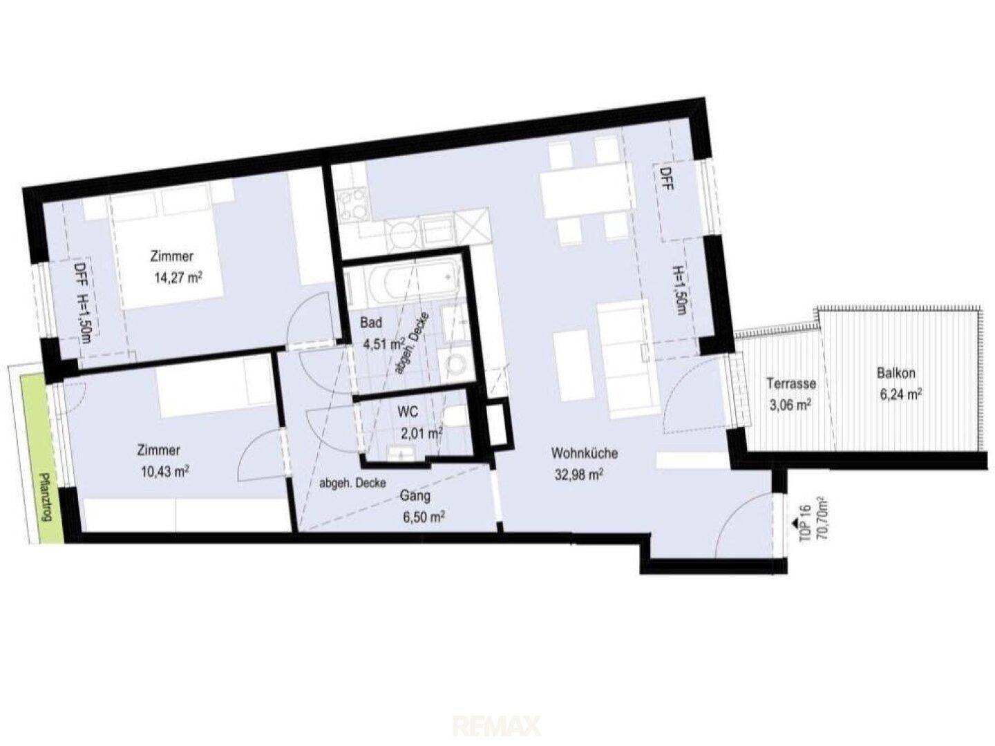 Grundriss einer Wohnung mit zwei Zimmern, Wohnküche, Bad, WC, Terrasse und Balkon.