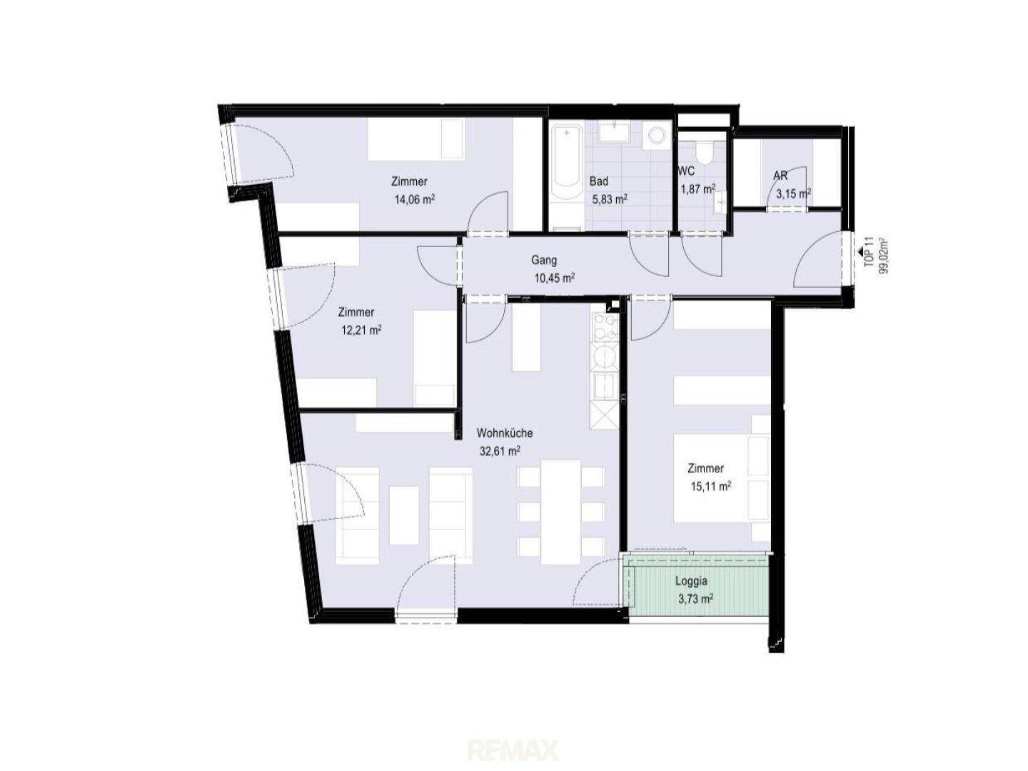 Grundriss einer Wohnung mit drei Zimmern, Wohnküche, Bad, WC und Loggia.