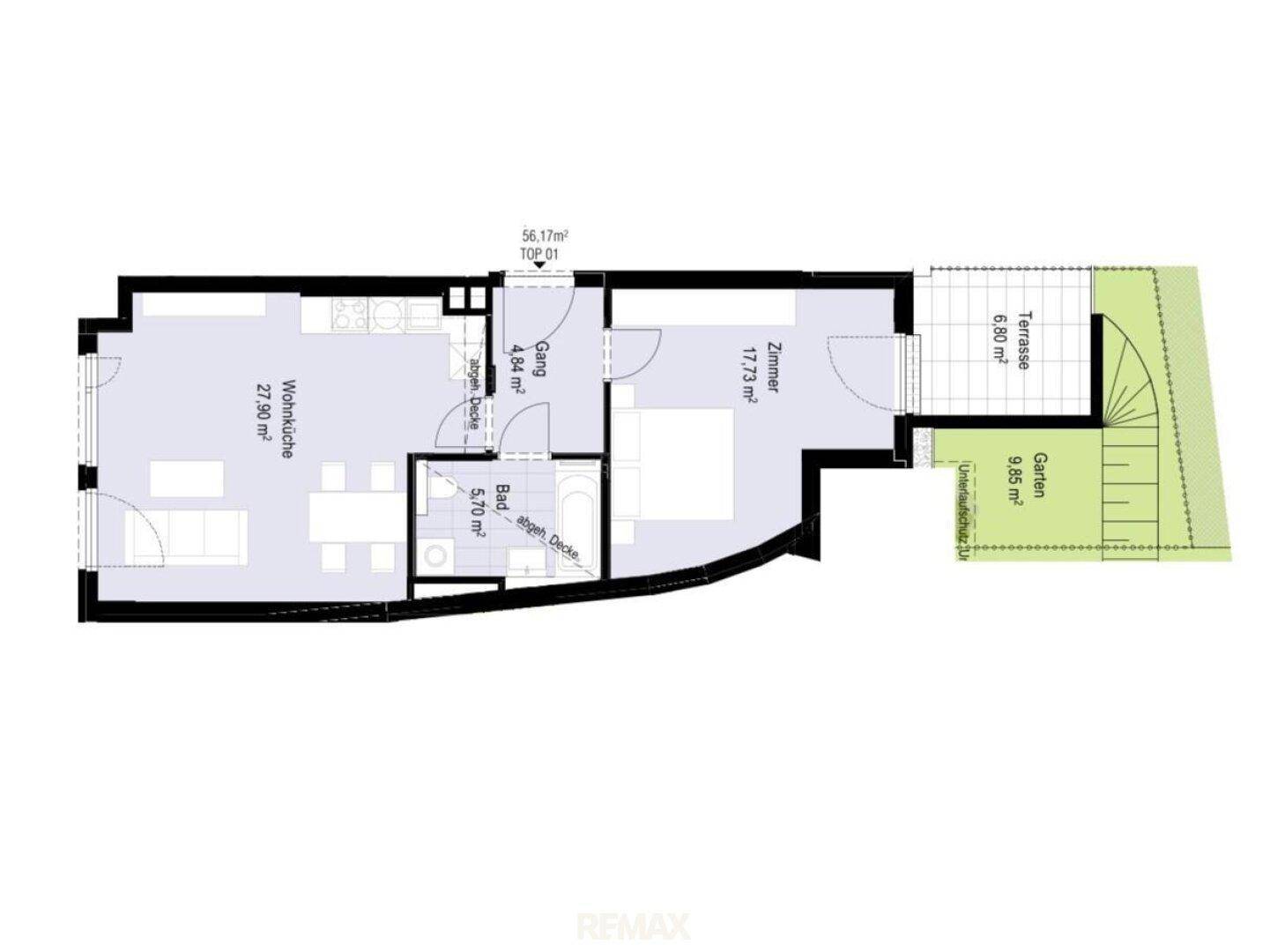 Detaillierter Grundriss einer Wohnung mit Wohnküche, Schlafzimmer, Bad, Terrasse und Garten.