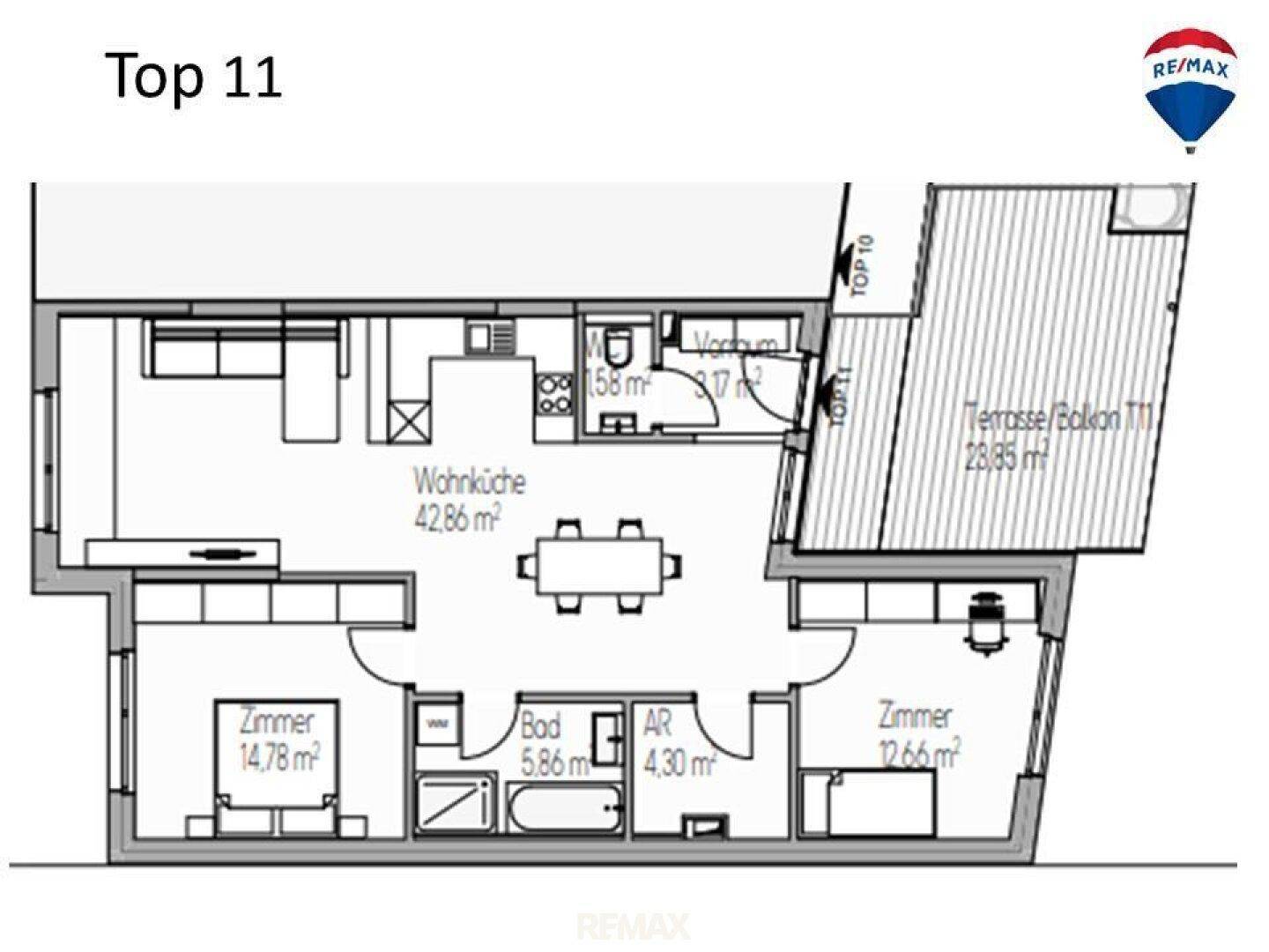 Grundriss der Wohnung Top 11 mit offener Wohnküche, zwei Zimmern, Bad und großer Terrasse/Balkon.
