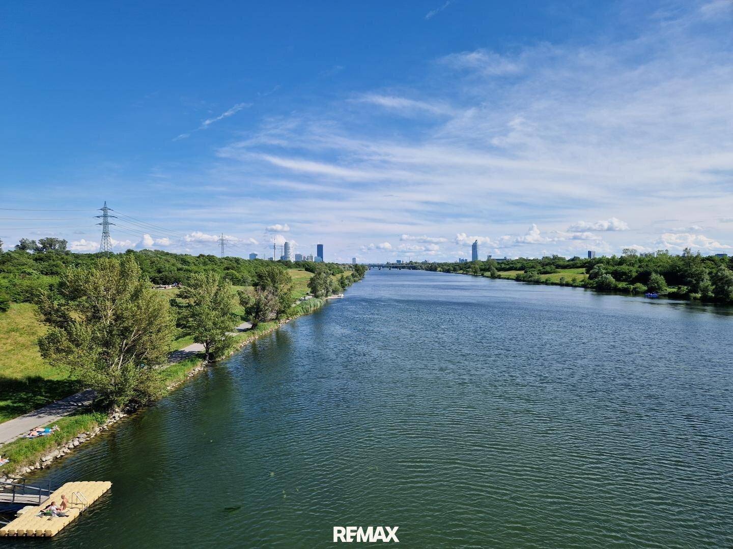 Weitläufiger Blick über einen Fluss mit grünen Ufern und der Skyline der Stadt in der Ferne.