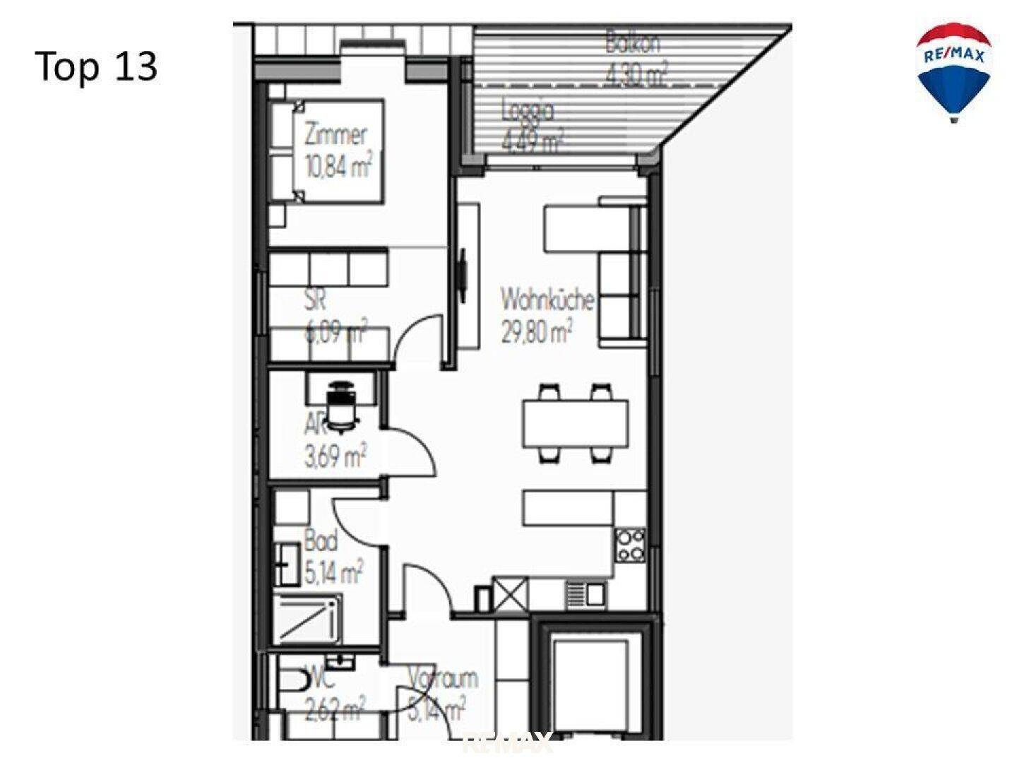 Grundriss einer Wohnung mit offener Wohnküche, Schlafzimmer, Bad, separatem WC, Loggia und Balkon.