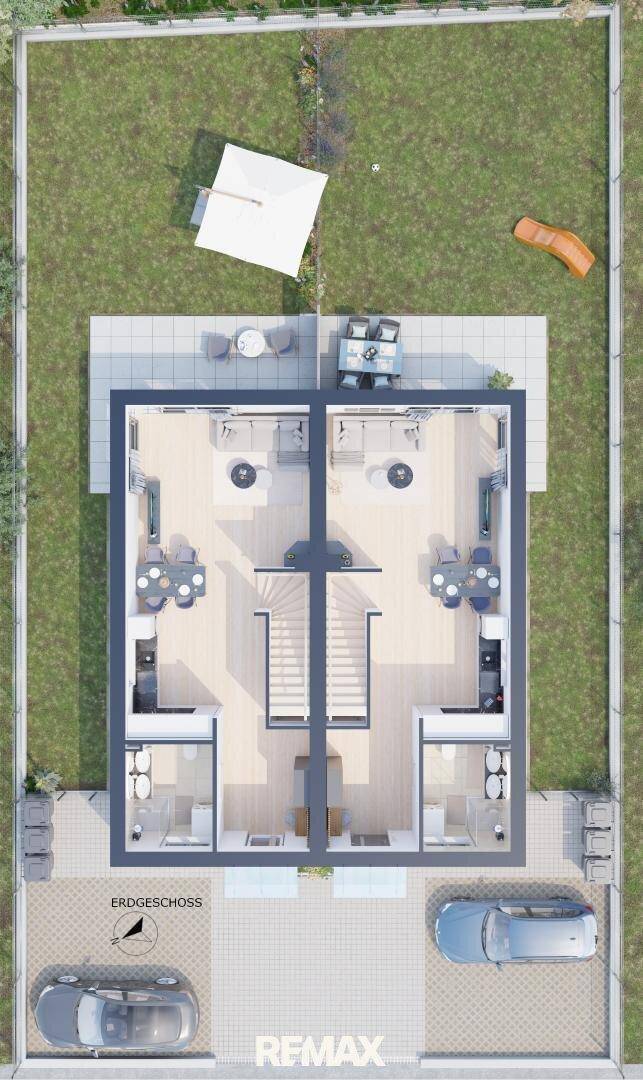 Grundriss des Erdgeschosses mit Garten, Terrasse und Parkplätzen für eine Doppelhaushälfte.