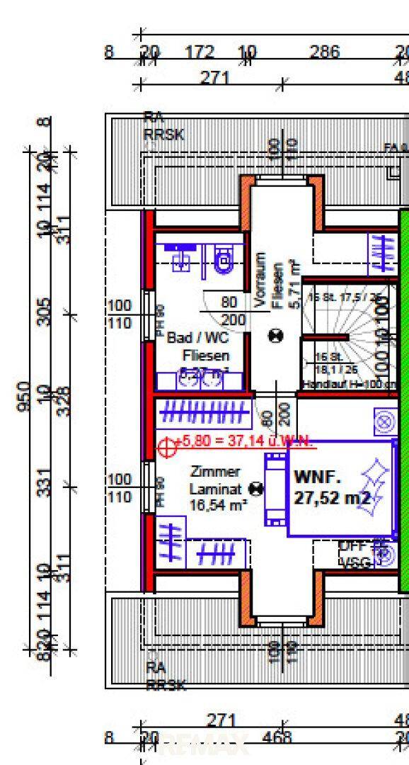 Detaillierter Grundriss eines Stockwerks mit Bad, Zimmer und offenem Wohnbereich.
