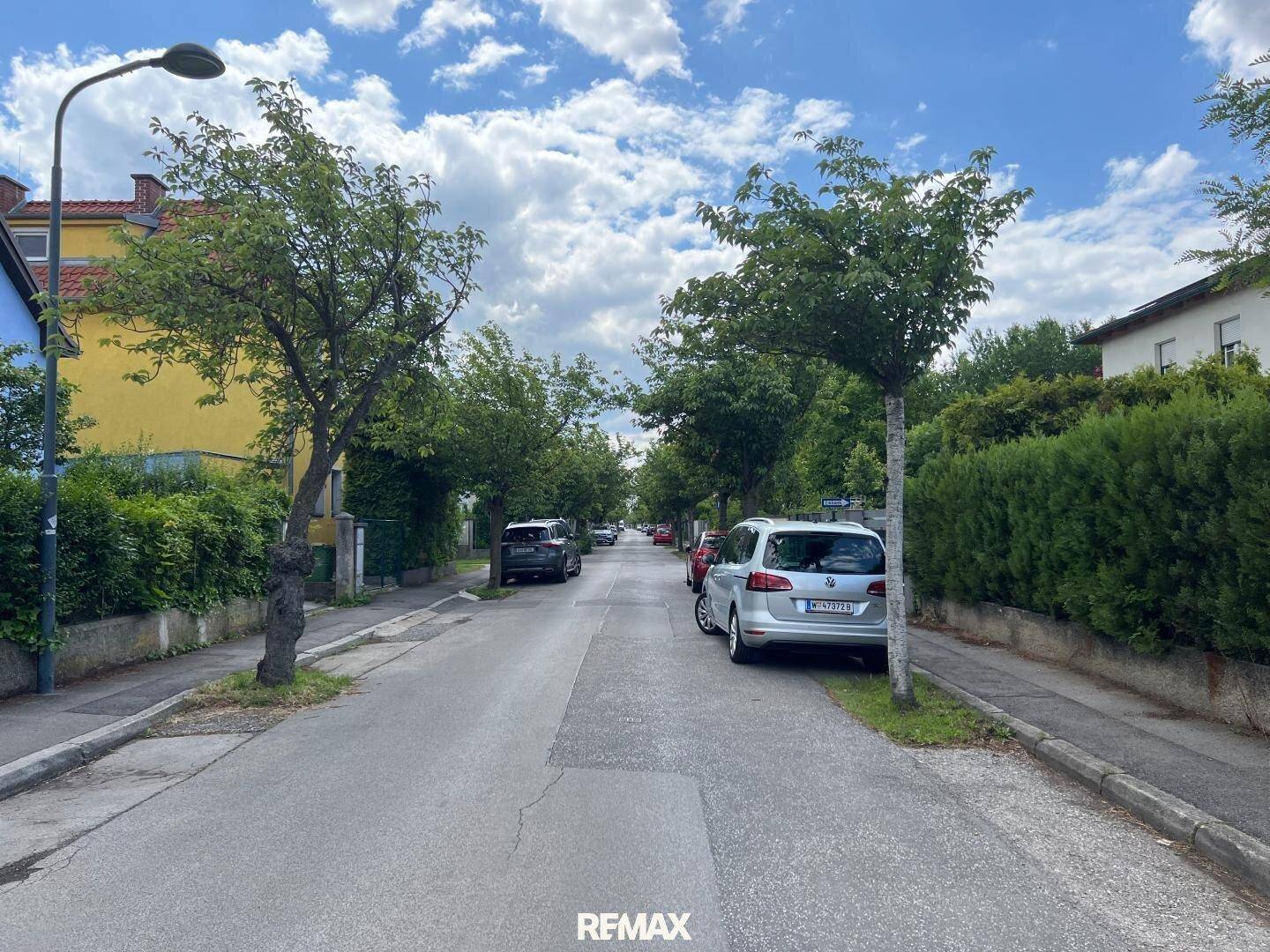 Wohnstraße mit parkenden Autos und viel Grün, umgeben von Einfamilienhäusern.