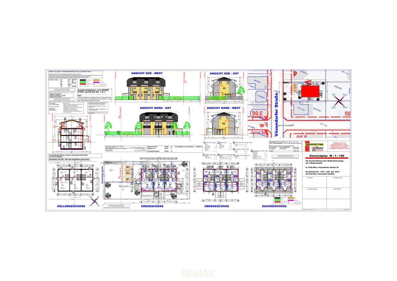 Umfassender Bauplan mit Ansichten, Grundrissen für Keller-, Erd-, Ober- und Dachgeschoss.