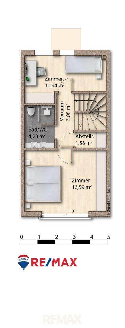 Grundriss des Obergeschosses mit zwei Zimmern, Bad/WC und praktischem Abstellraum.