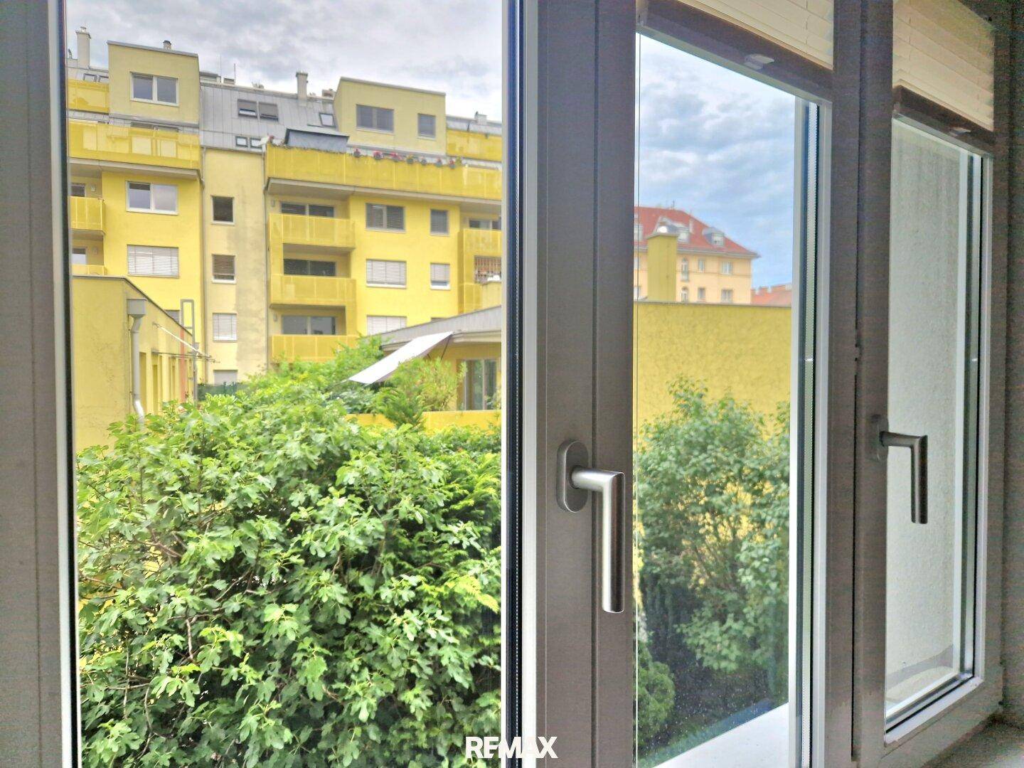 Blick aus dem Fenster auf einen grünen Innenhof und die umliegenden Gebäude.