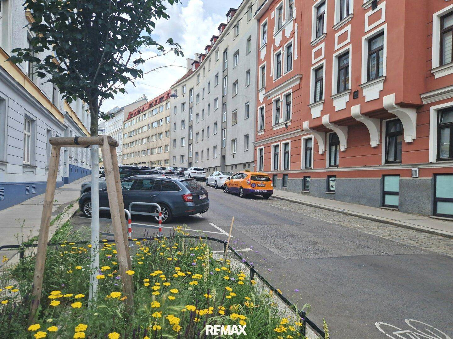 Straßenansicht mit parkenden Fahrzeugen, Bäumen und umliegenden Wohngebäuden.