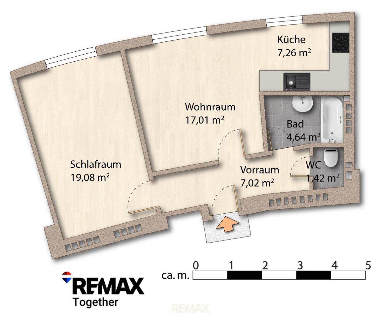 Grundriss der Wohnung mit Schlafzimmer, Wohnraum, Küche, Bad und separatem WC.