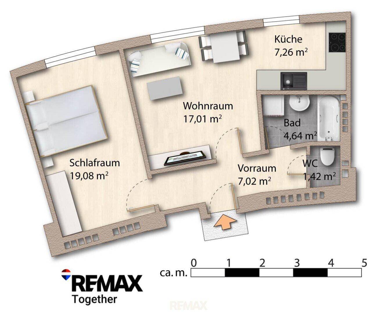 Möblierter Grundriss der Wohnung mit Schlafzimmer, Wohnraum, Küche, Bad und separatem WC.