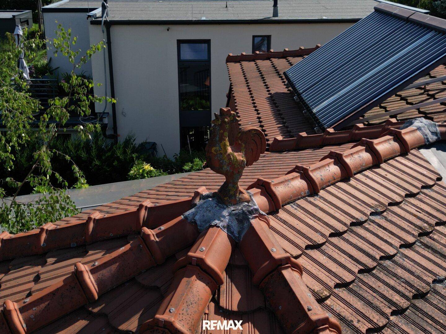 Detailansicht des Ziegeldachs mit Solarpaneelen und dekorativem Wetterhahn.