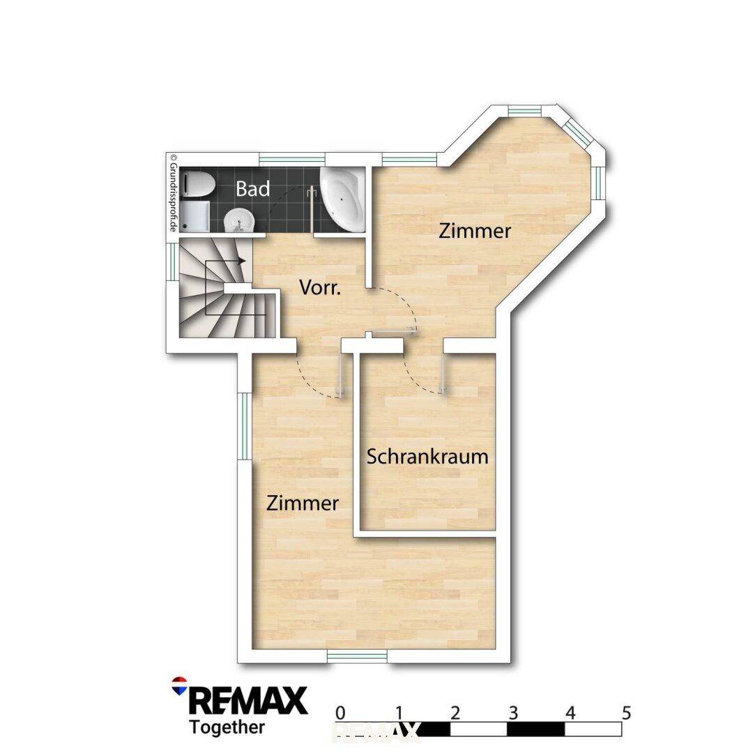 Grundriss des Obergeschosses mit zwei Zimmern, Bad und Schrankraum.