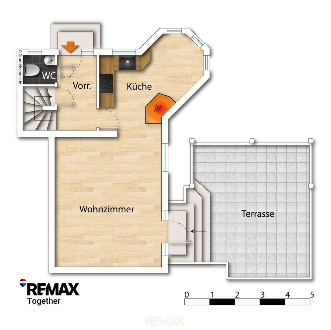 Grundriss des Erdgeschosses mit Wohnzimmer, Küche, WC und großer Terrasse.