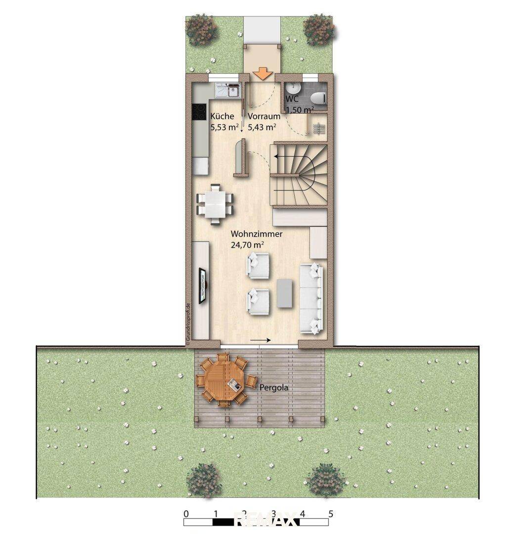 Detaillierter Grundriss des Erdgeschosses mit offener Küche, Wohnzimmer und Pergola im Garten.