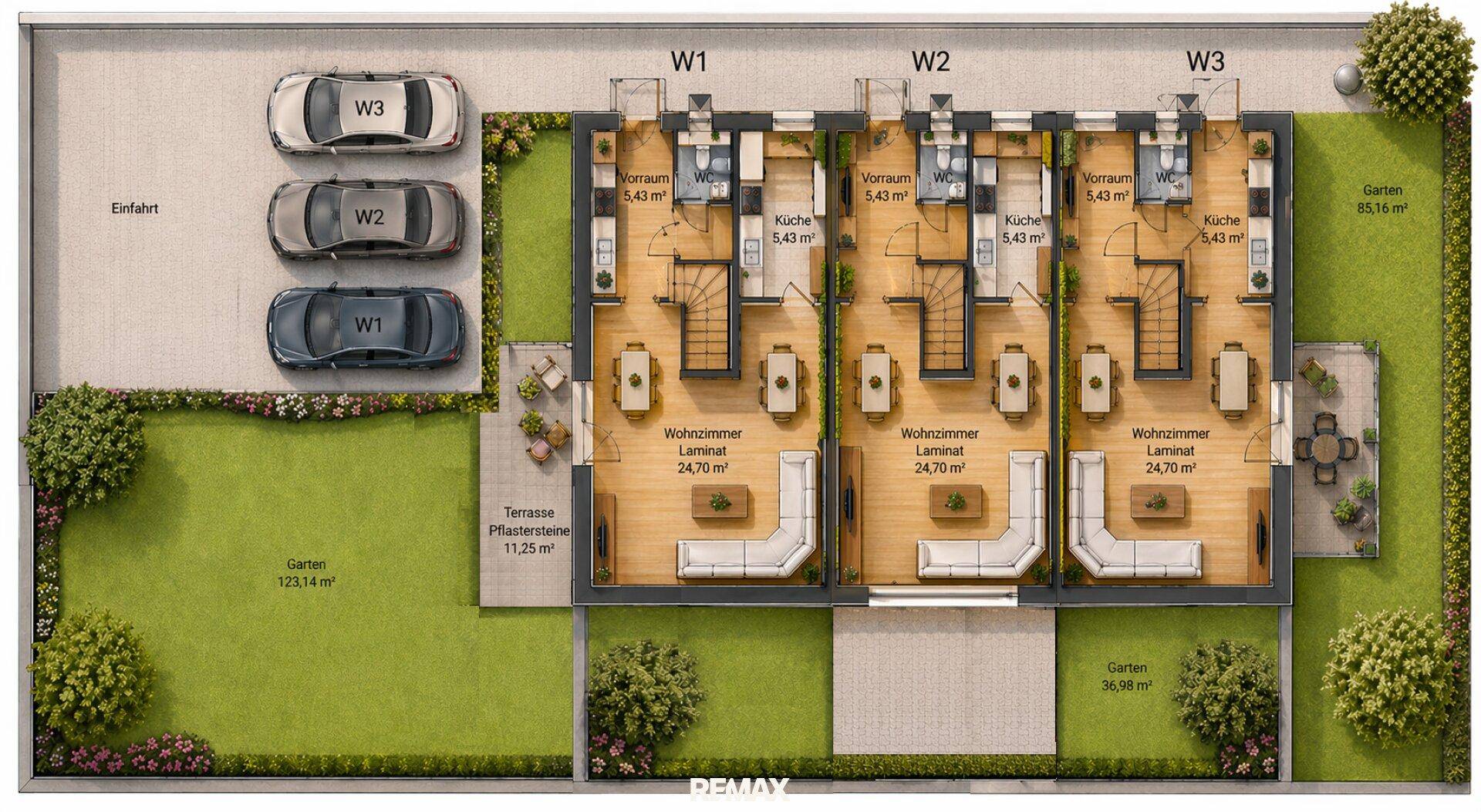 Übersichtlicher Grundrissplan von drei Reihenhäusern mit Gärten, Terrassen und Parkplätzen.