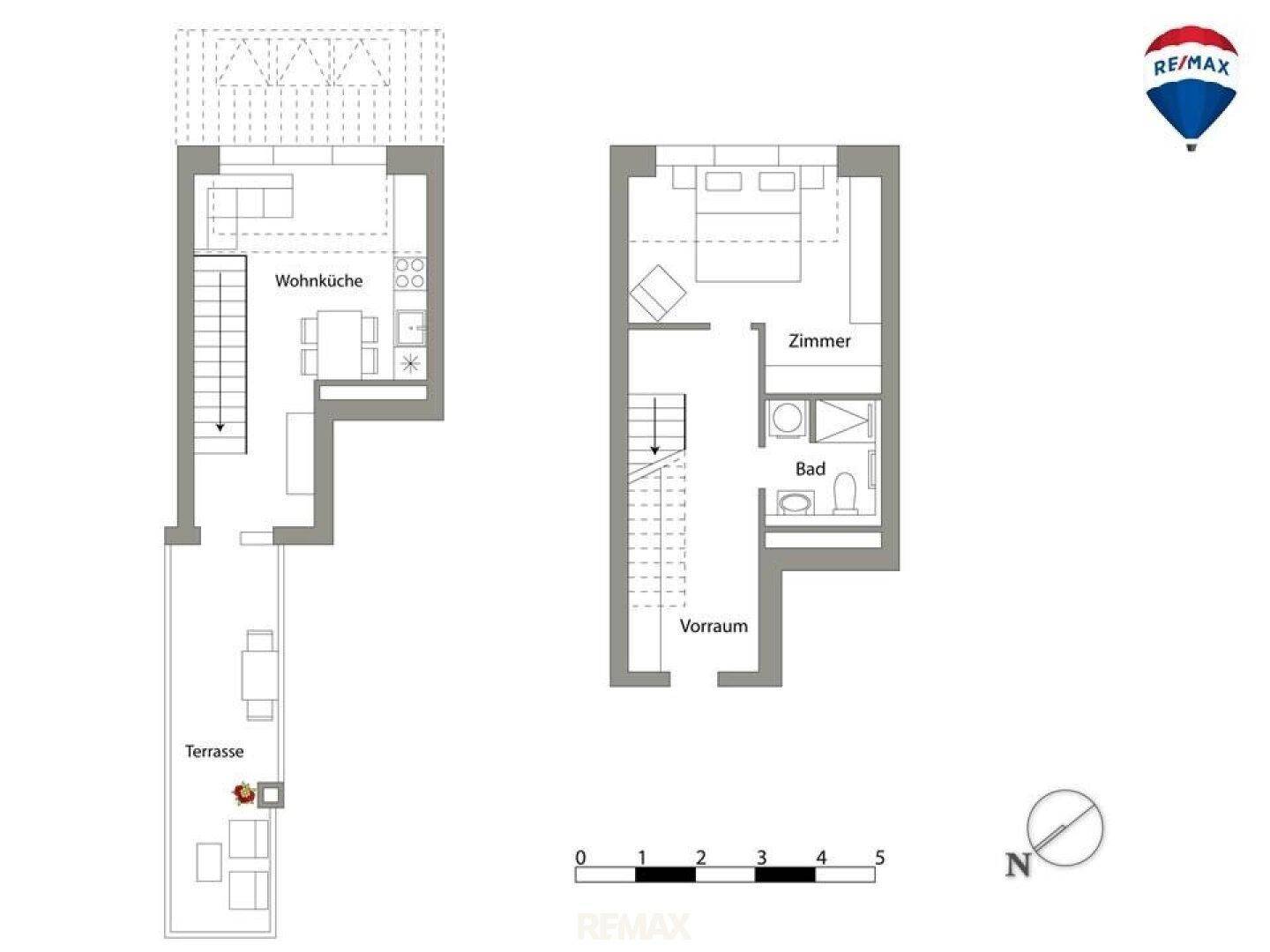 Grundriss einer Maisonette-Wohnung mit Wohnküche, Terrasse, Schlafzimmer und Bad.