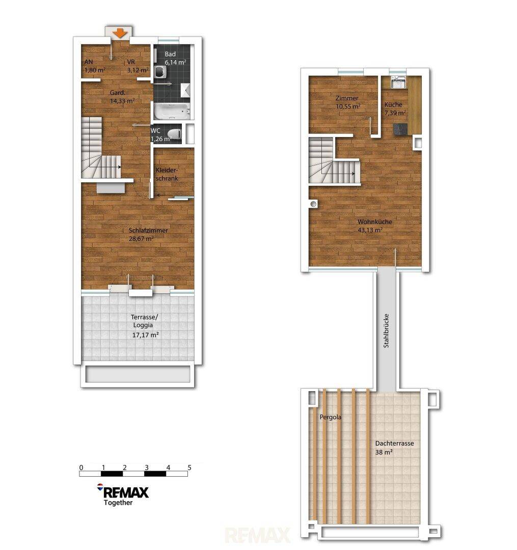Grundrissplan zeigt zwei Ebenen mit Schlafzimmer, Wohnküche, Bad, Terrasse und Dachterrasse.