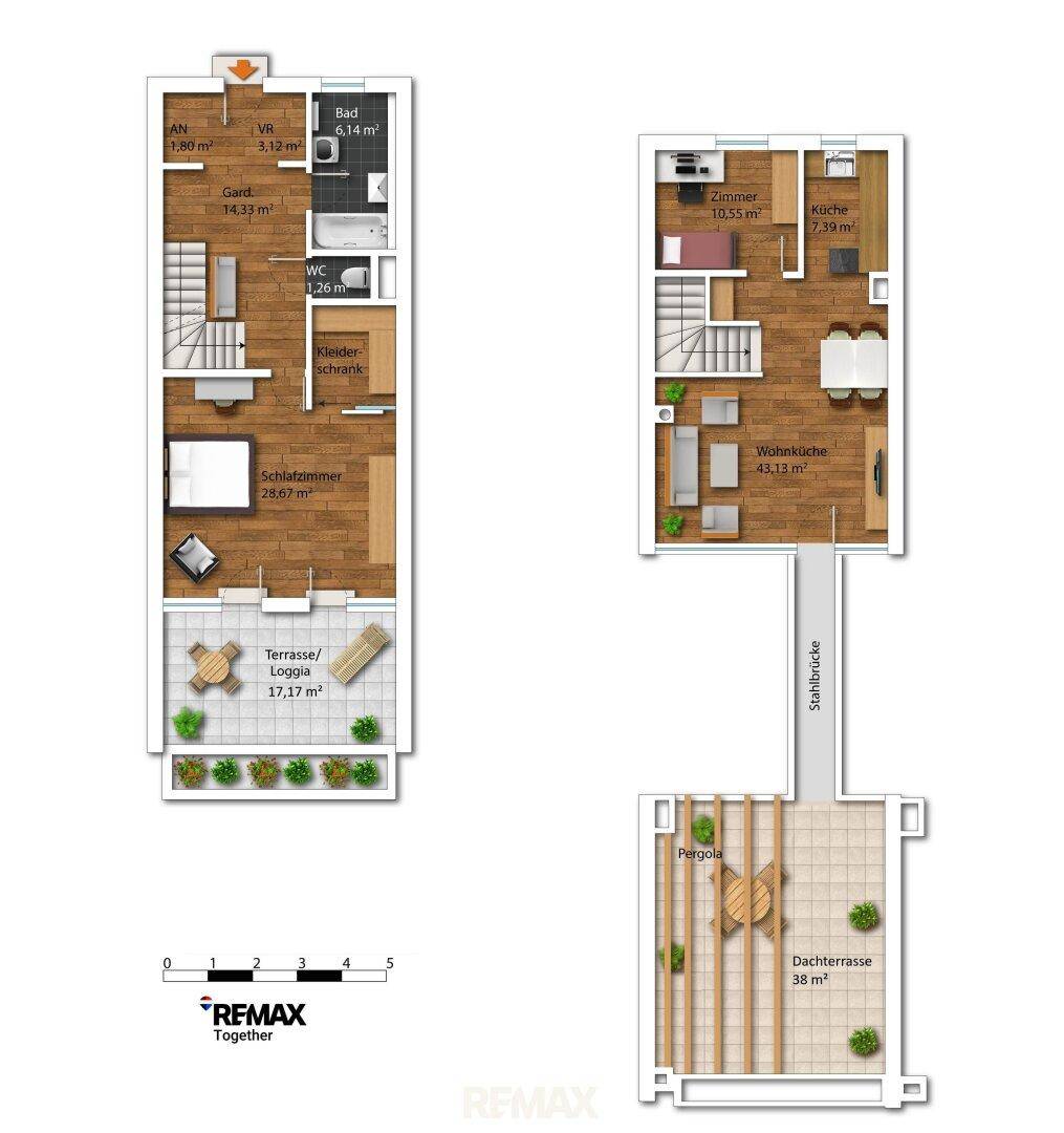 Grundrissplan zeigt zwei Ebenen mit Schlafzimmer, Wohnküche, Bad, Terrasse und Dachterrasse.