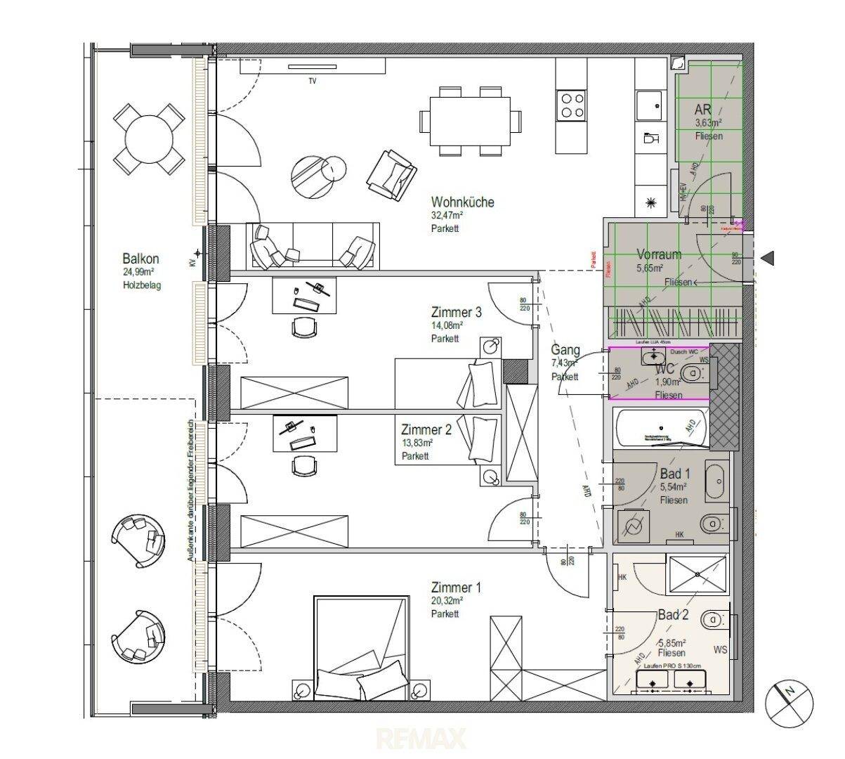 Grundriss einer Wohnung mit offener Wohnküche, drei Zimmern, zwei Bädern und einem großen Balkon.