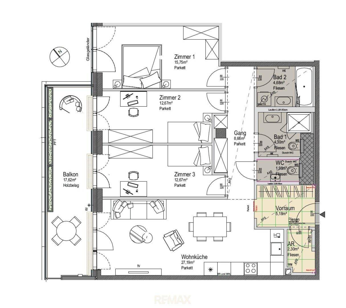 Grundriss einer modernen Wohnung mit drei Schlafzimmern, offener Wohnküche, zwei Bädern und großem Balkon.