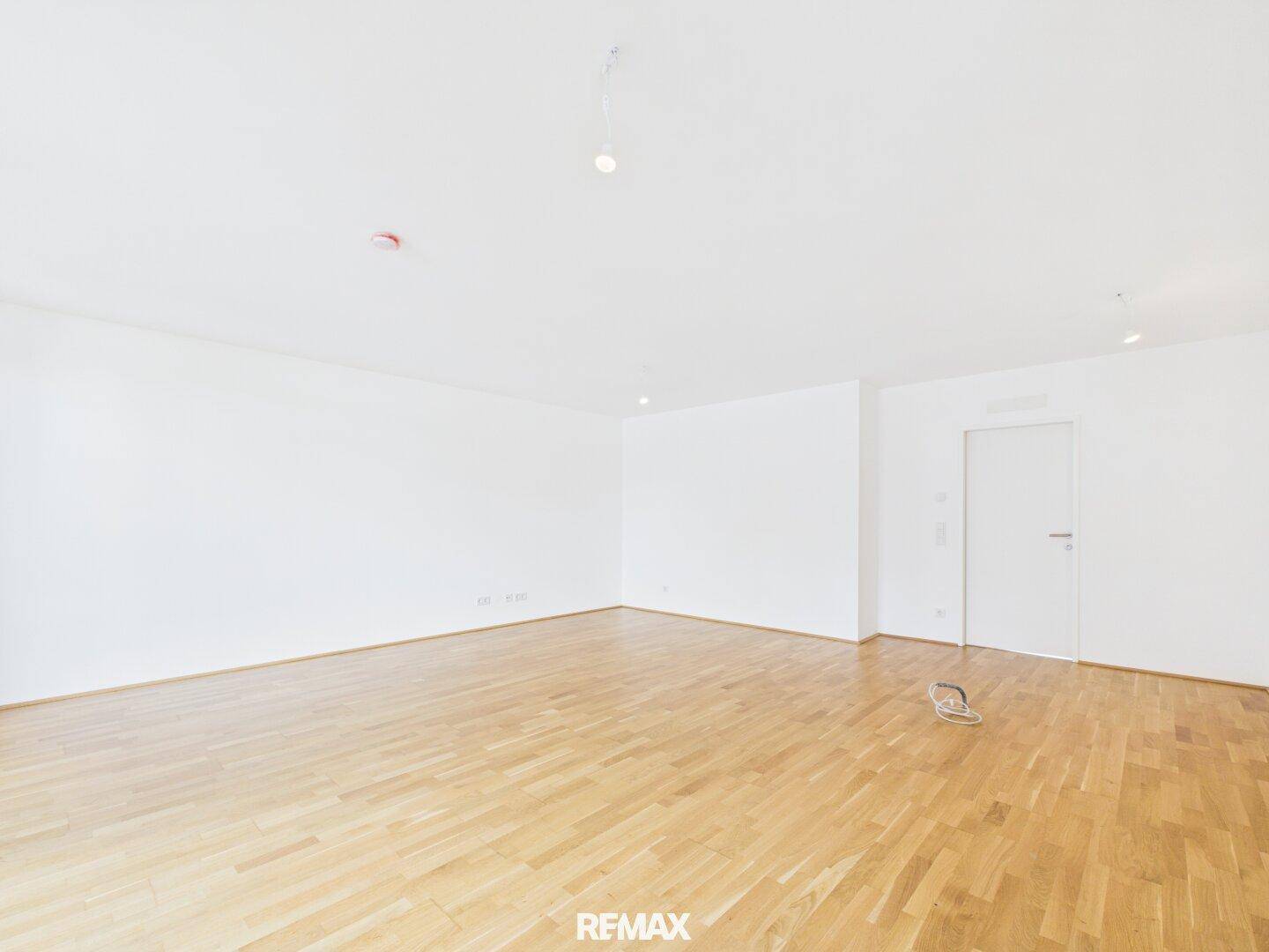 Geräumiges, leeres Wohnzimmer mit Parkettboden und weißer Tür, bereit für neue Bewohner.