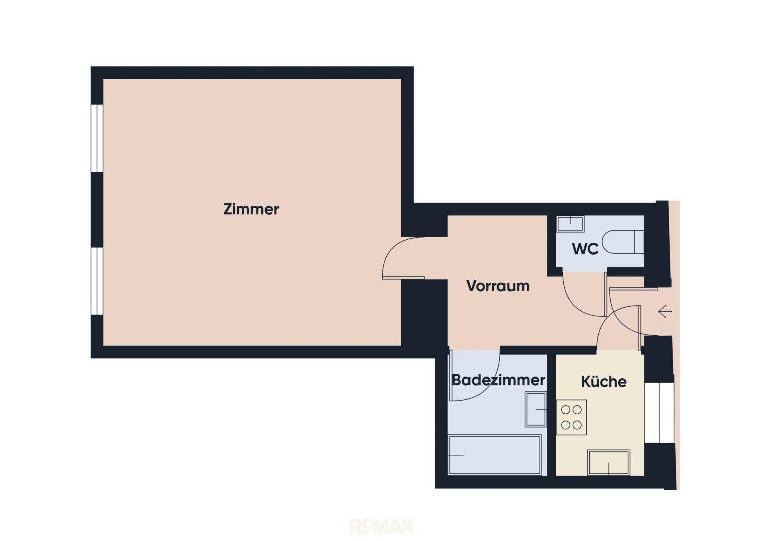 Grundriss der Wohnung mit Zimmer, Vorraum, Badezimmer, WC und Küche.