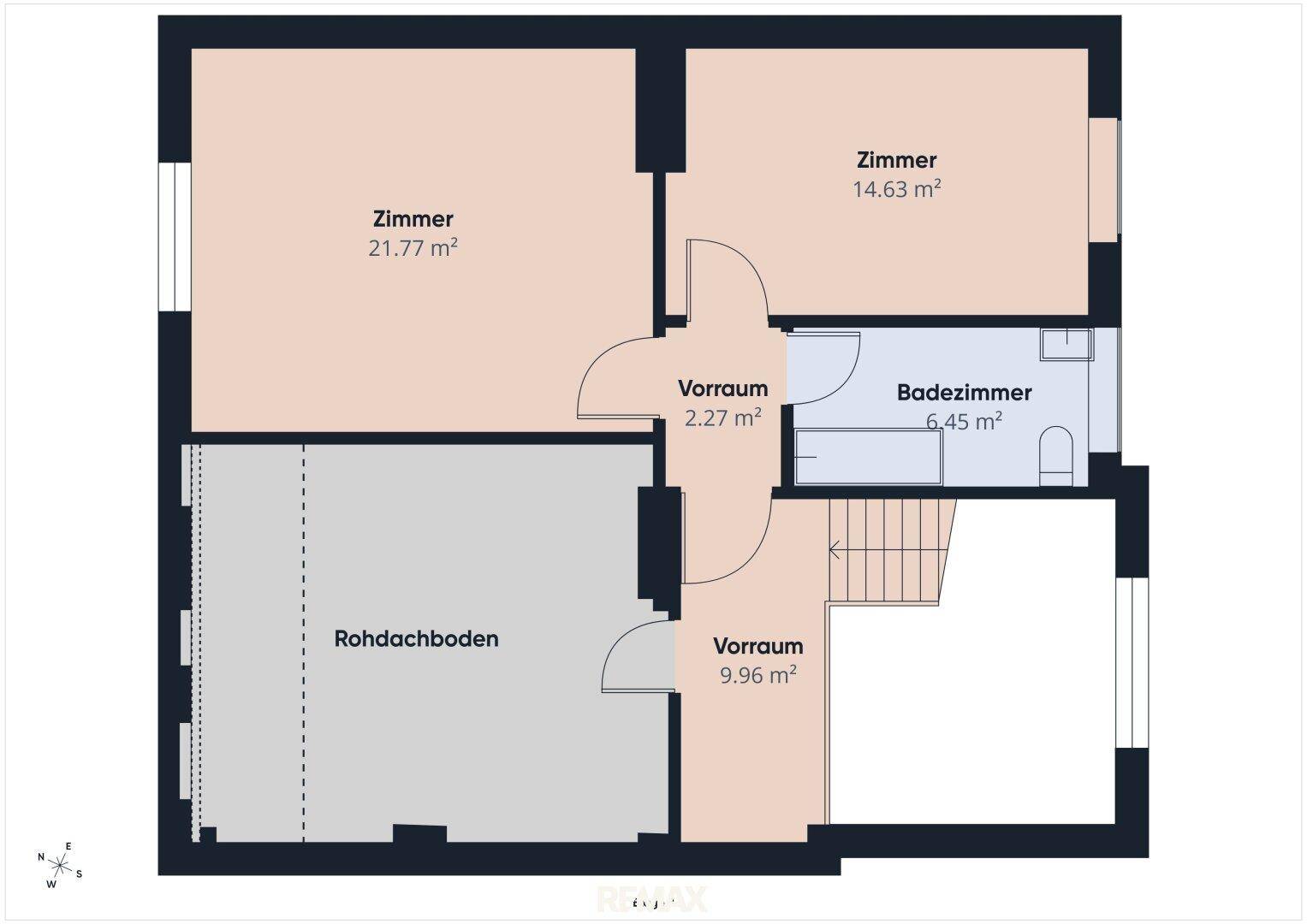 Grundriss des Dachgeschosses mit zwei Zimmern, Badezimmer und Rohdachboden.