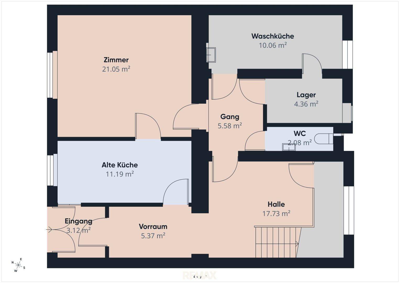 Grundriss des Erdgeschosses mit Zimmer, Waschküche, WC und Halle.