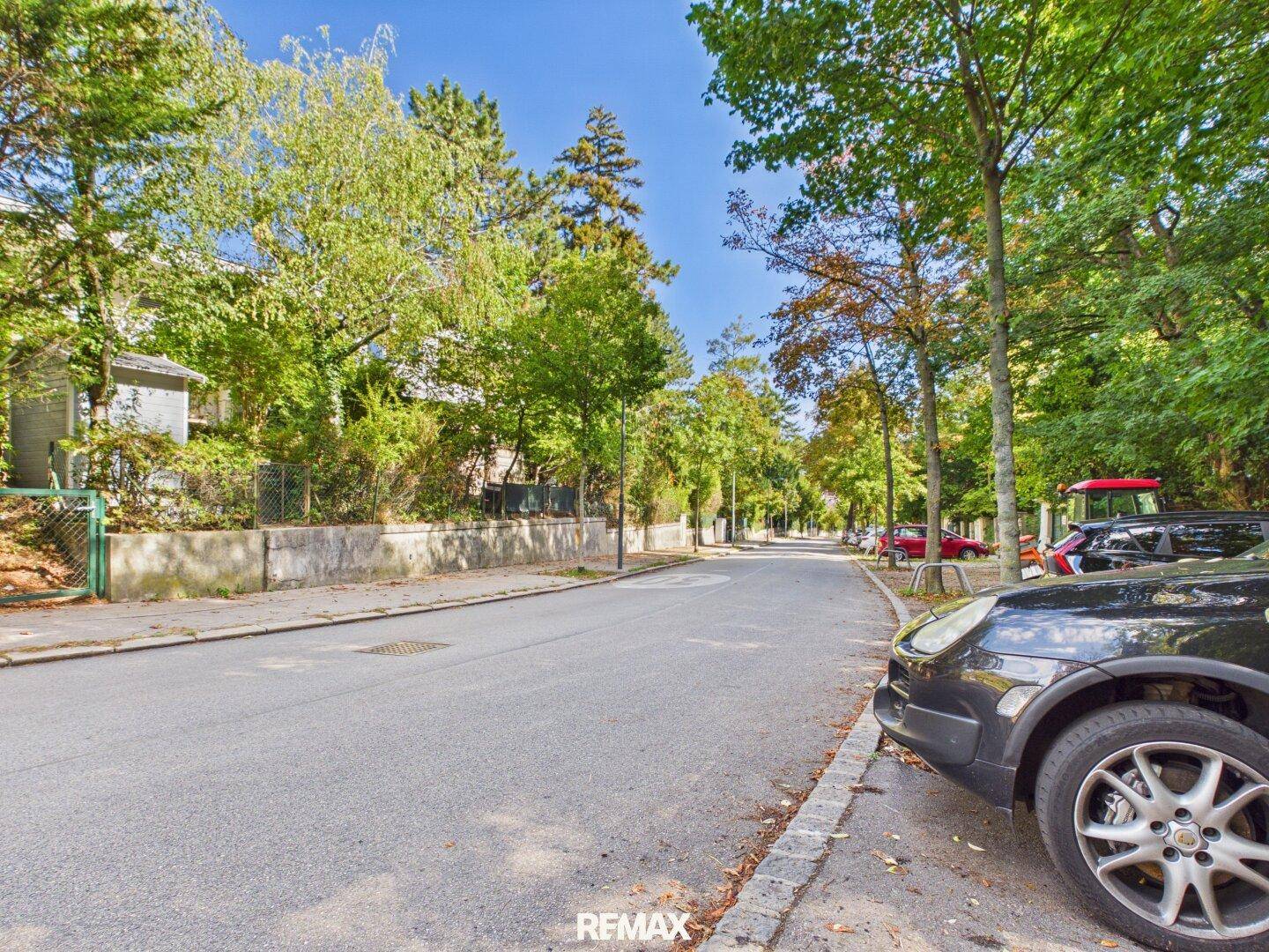 Ruhige Wohnstraße mit parkenden Autos und vielen Bäumen an einem sonnigen Tag.