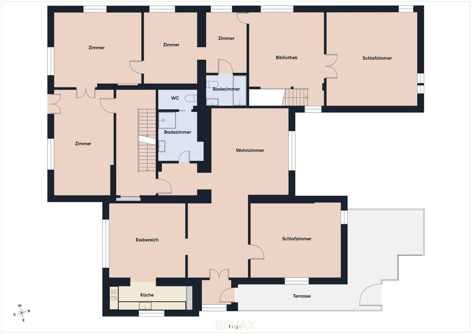 Grundriss eines Obergeschosses mit mehreren Zimmern, Wohnzimmer, Essbereich, Küche und Terrasse.