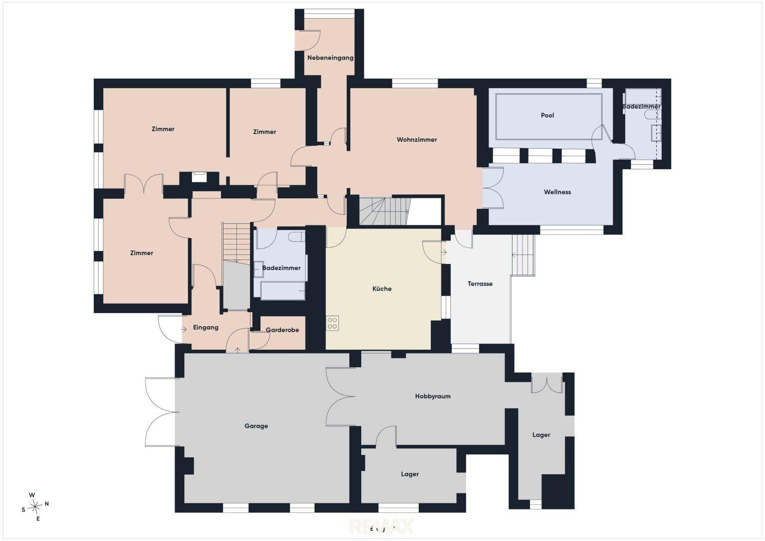 Grundriss des Erdgeschosses mit Wohnzimmer, Küche, Garage, Hobbyraum, Pool und Wellnessbereich.