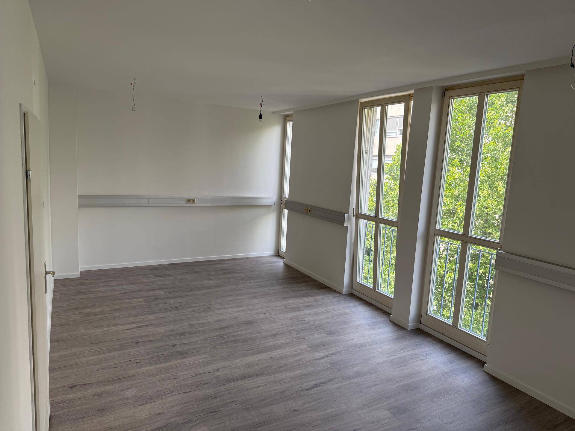 Geräumiger Raum mit Laminatboden und großen Fenstern, die viel Tageslicht und Grünblick bieten.