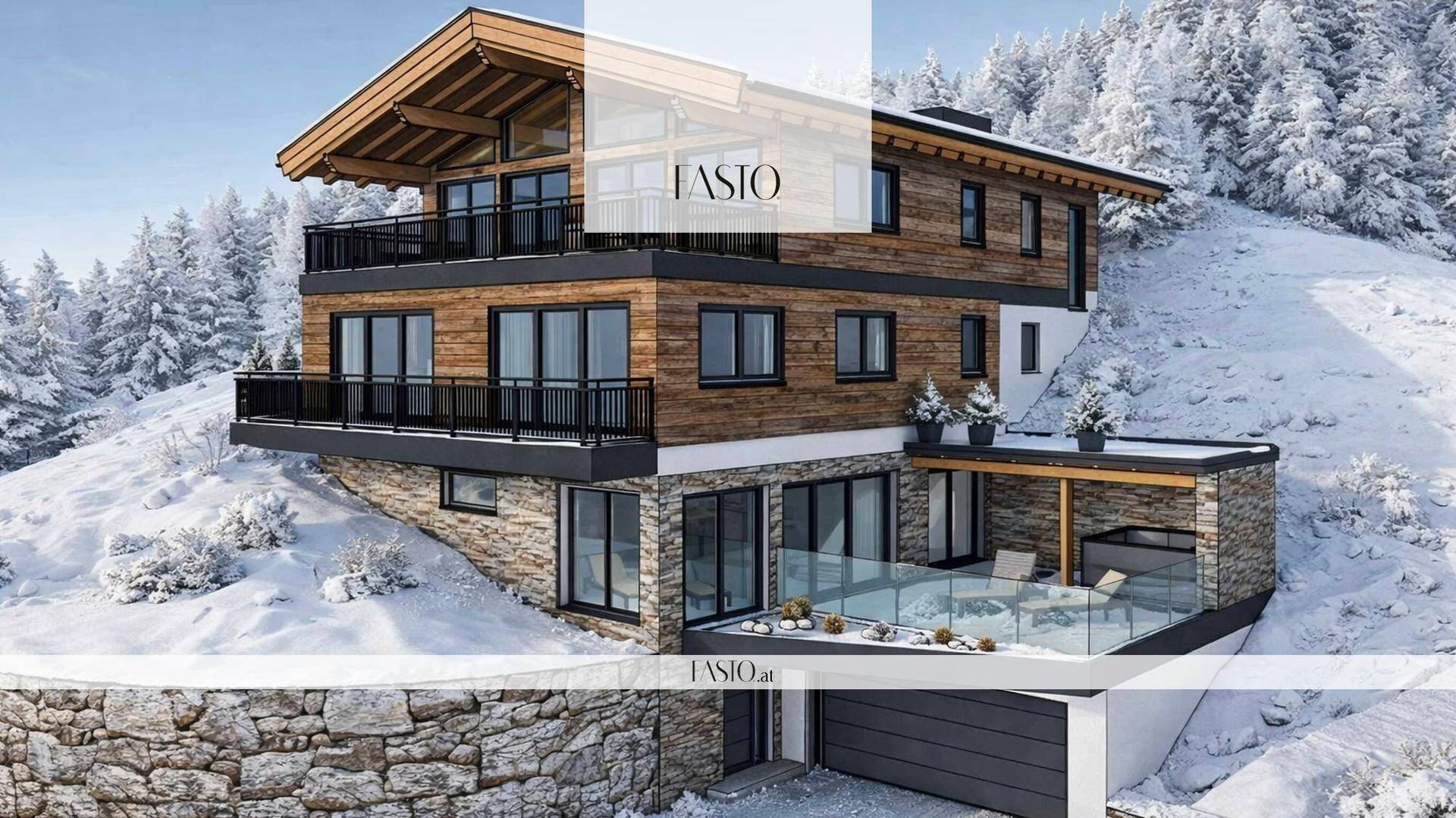Modernes Chalet in winterlicher Berglandschaft mit Holzfassade und großen Fensterfronten.