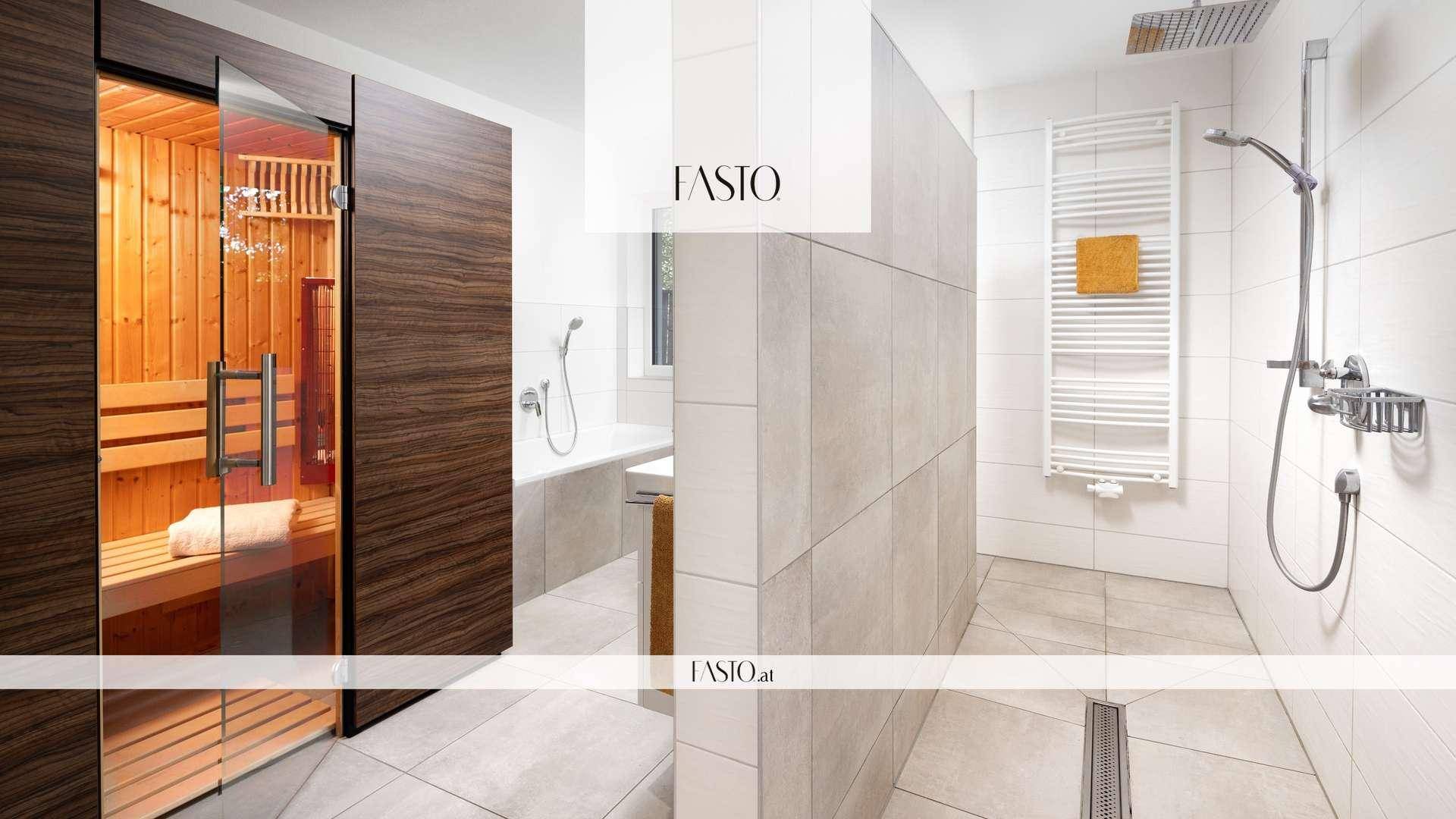 Modernes Badezimmer mit integrierter Sauna, großer begehbarer Dusche, Badewanne und Handtuchheizkörper.