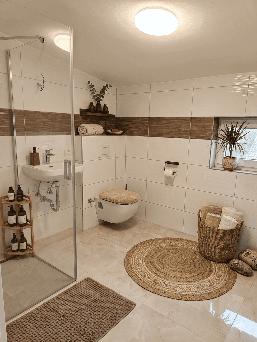 Gemütliches Badezimmer mit Dusche, WC und rustikalen Dekorationselementen, inklusive Fenster.