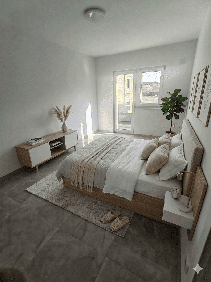 Helles Schlafzimmer mit Doppelbett, Nachttischen und Zugang zu einem Außenbereich.